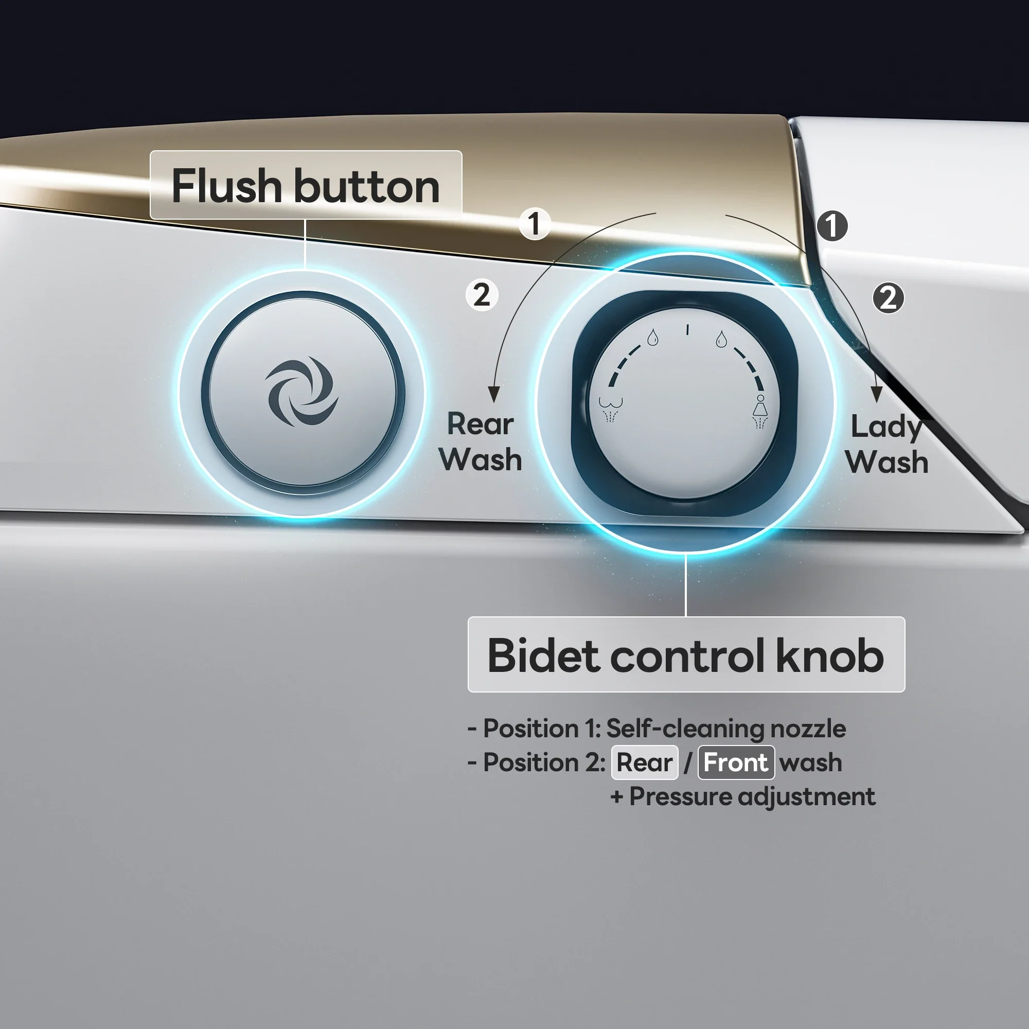 A100T-G Non-Electric Bidet Toilet, MAP 1000g Powerful Flush Smart Toilet with Lady/Rear Wash, Foot-kick Flush, ADA Comfort Seat Height (Power Free) - Image 10