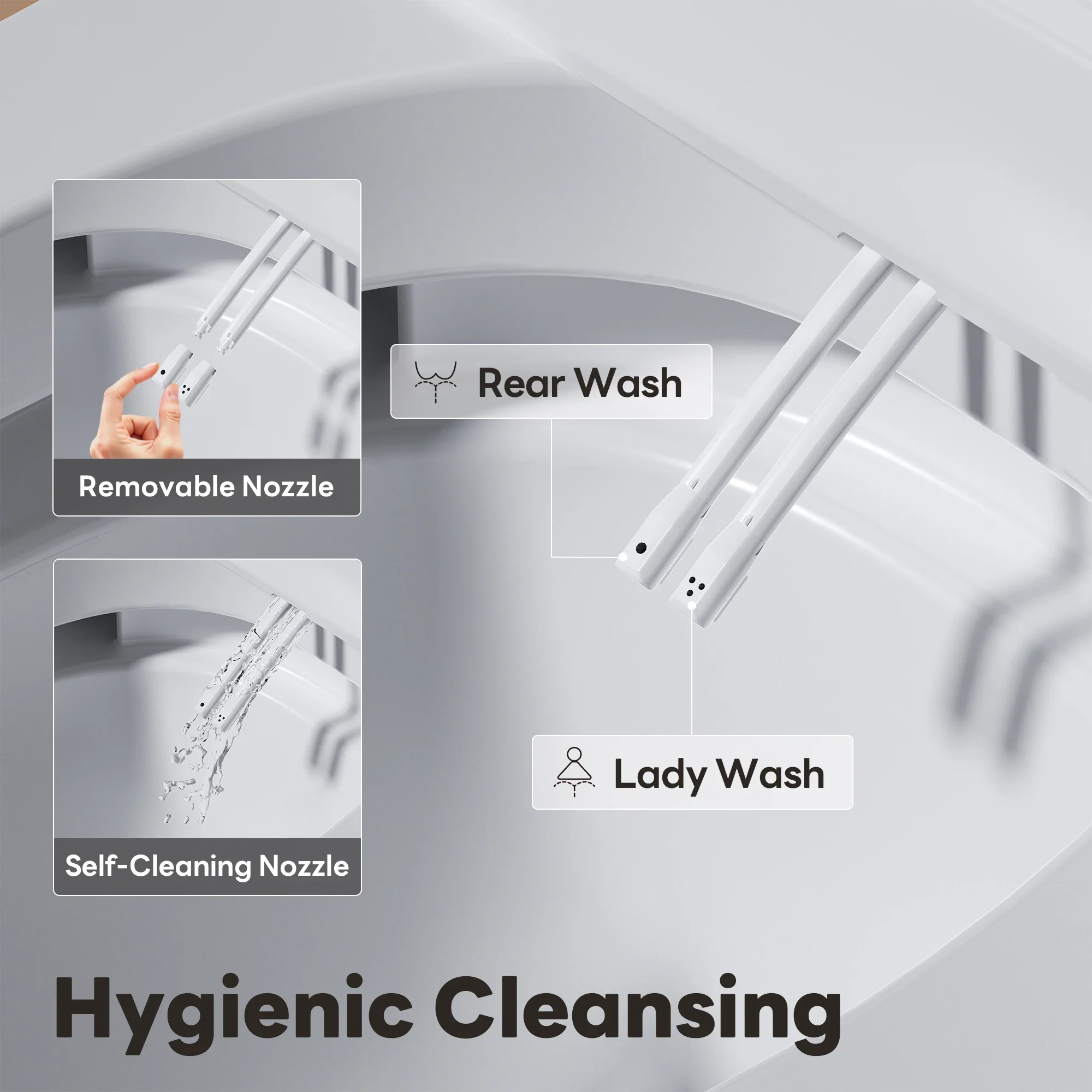 A100T-G Non-Electric Bidet Toilet, MAP 1000g Powerful Flush Smart Toilet with Lady/Rear Wash, Foot-kick Flush, ADA Comfort Seat Height (Power Free) - Image 4