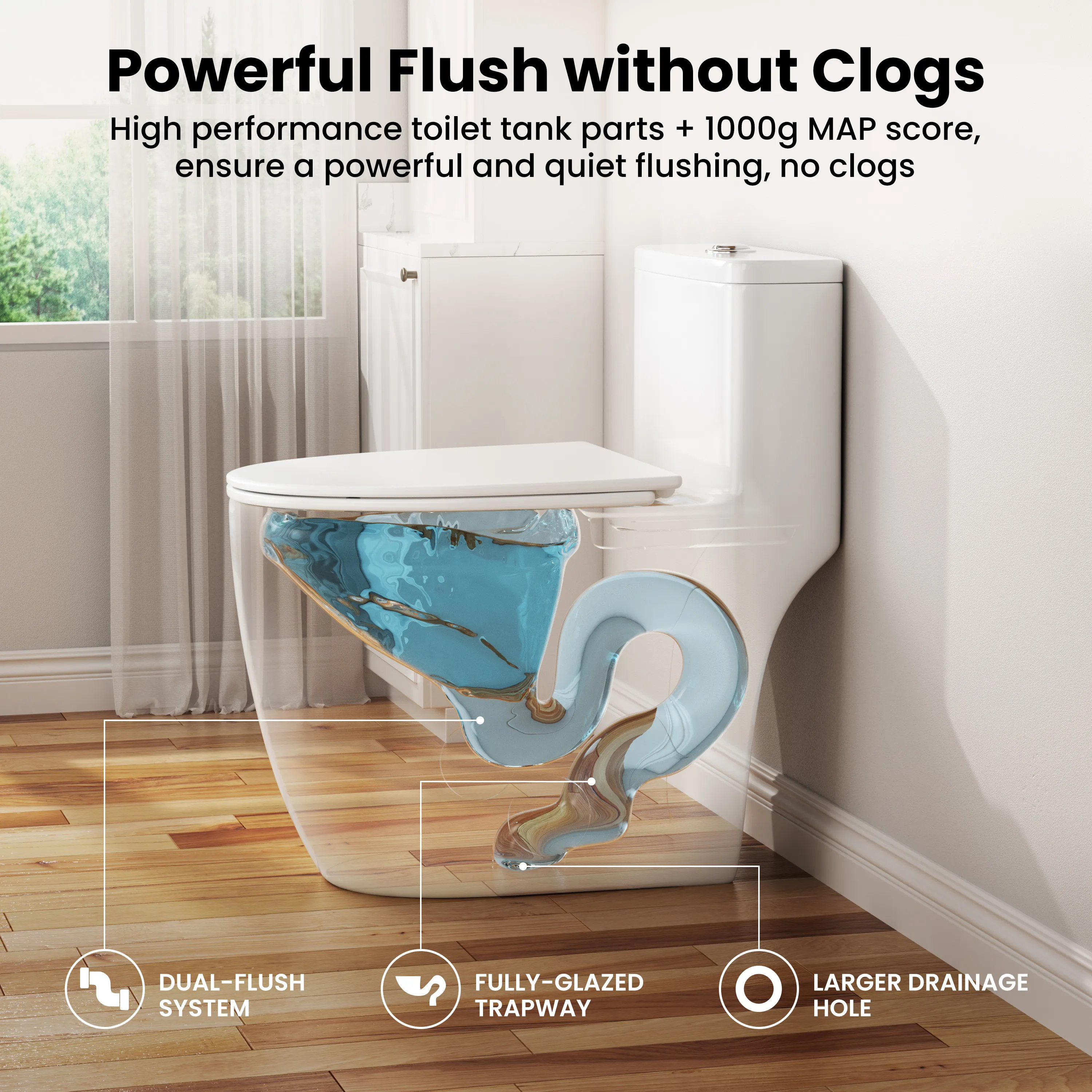 One-Piece Elongated Toilet, 17.5" ADA Comfort Height, 1.0/1.28 GPF Dual Flush, MaP 1000g, Soft Close Seat, White CD-T006 - Image 2