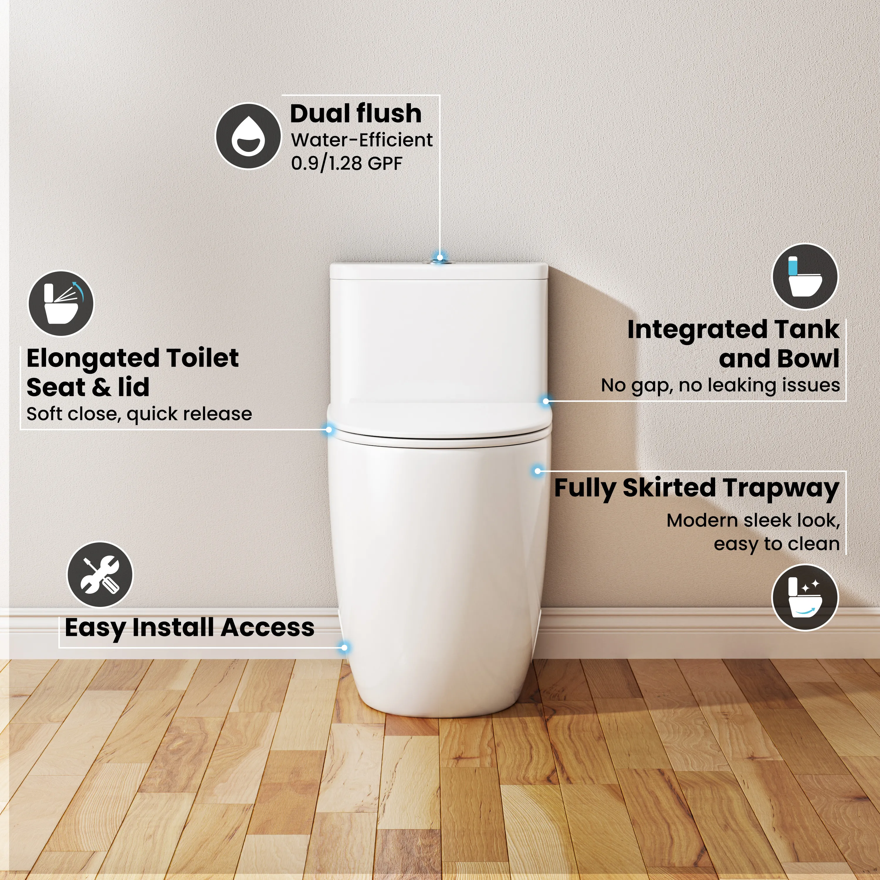 One-Piece Elongated Toilet, 17.5" ADA Comfort Height, 1.0/1.28 GPF Dual Flush, MaP 1000g, Soft Close Seat, White CD-T006 - Image 3