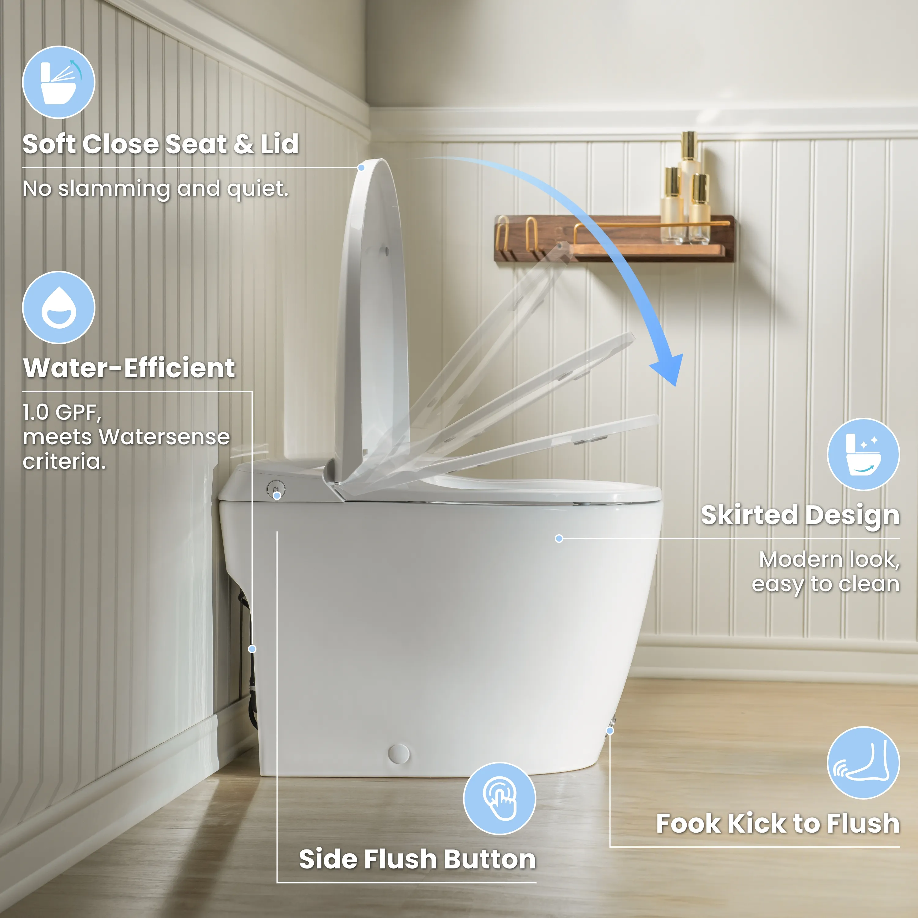 Modern One-Piece Toilet with Pressure-Assisted Flush, Hands-Free Foot Kick & Button Flush, 1.0 GPF WaterSense, 1000g MaP Flush, Soft Close Seat--A00W1 - Image 2