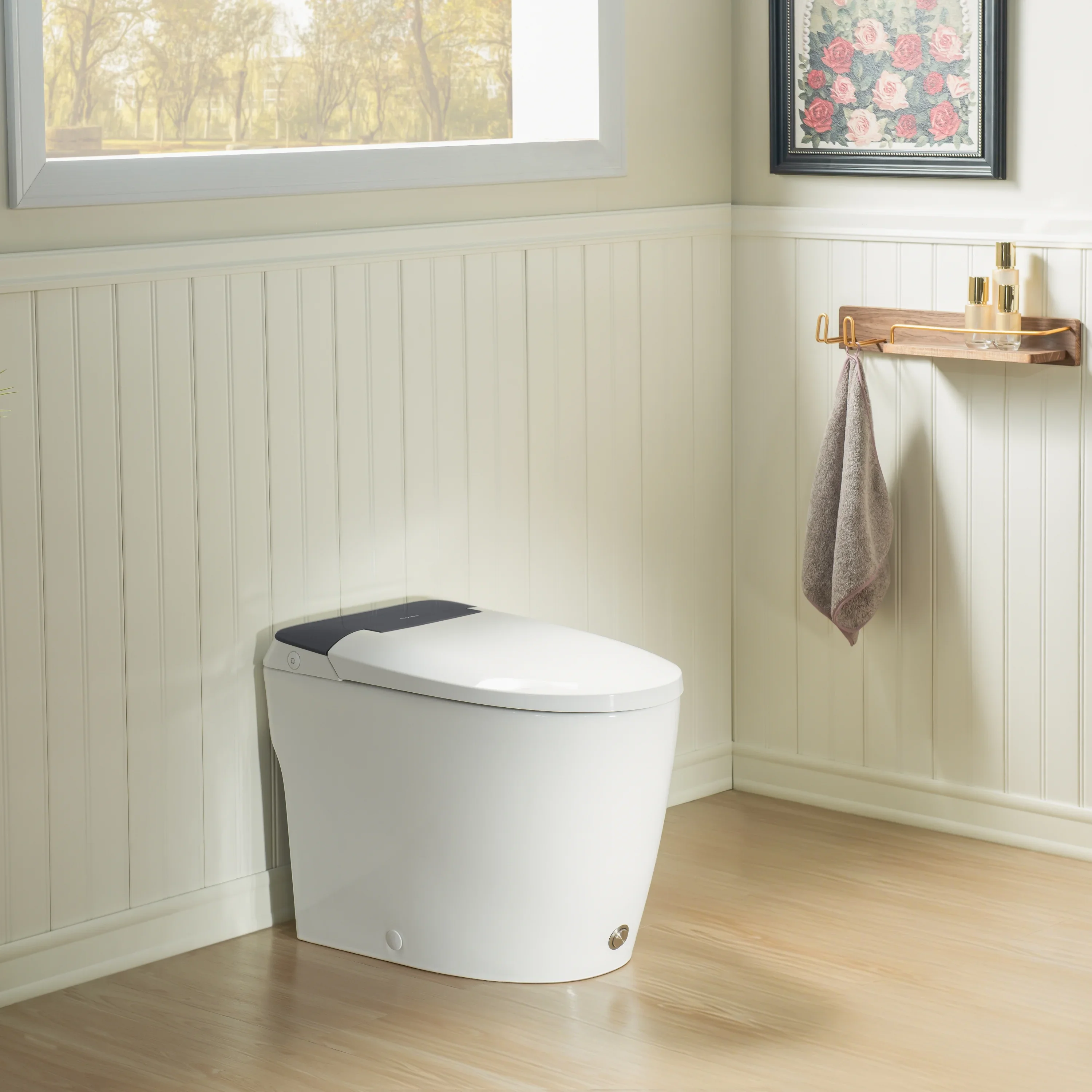 Modern One-Piece Toilet with Pressure-Assisted Flush, Hands-Free Foot Kick & Button Flush, 1.0 GPF WaterSense, 1000g MaP Flush, Soft Close Seat--A001W-DG - Image 2