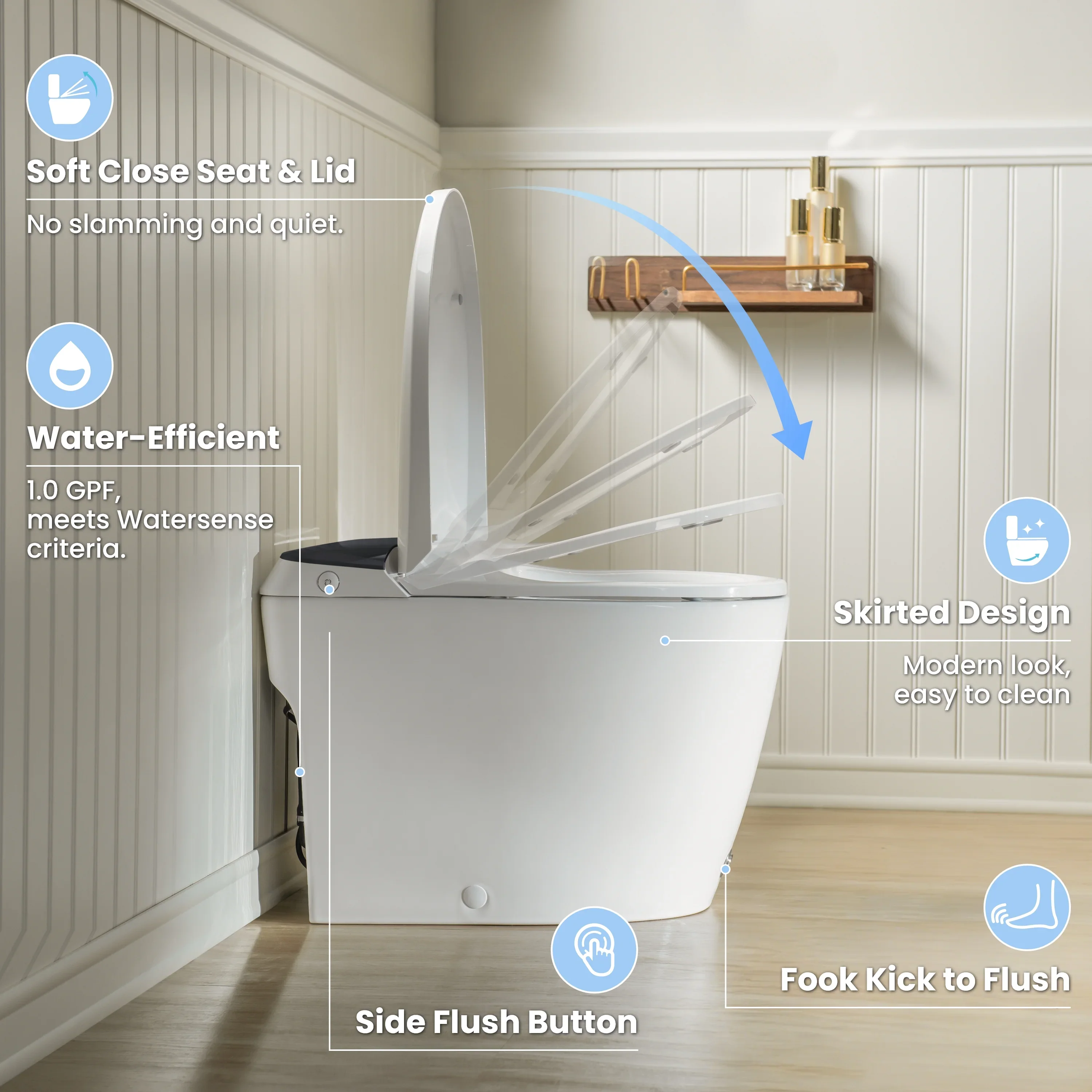 Modern One-Piece Toilet with Pressure-Assisted Flush, Hands-Free Foot Kick & Button Flush, 1.0 GPF WaterSense, 1000g MaP Flush, Soft Close Seat--A001W-DG - Image 3