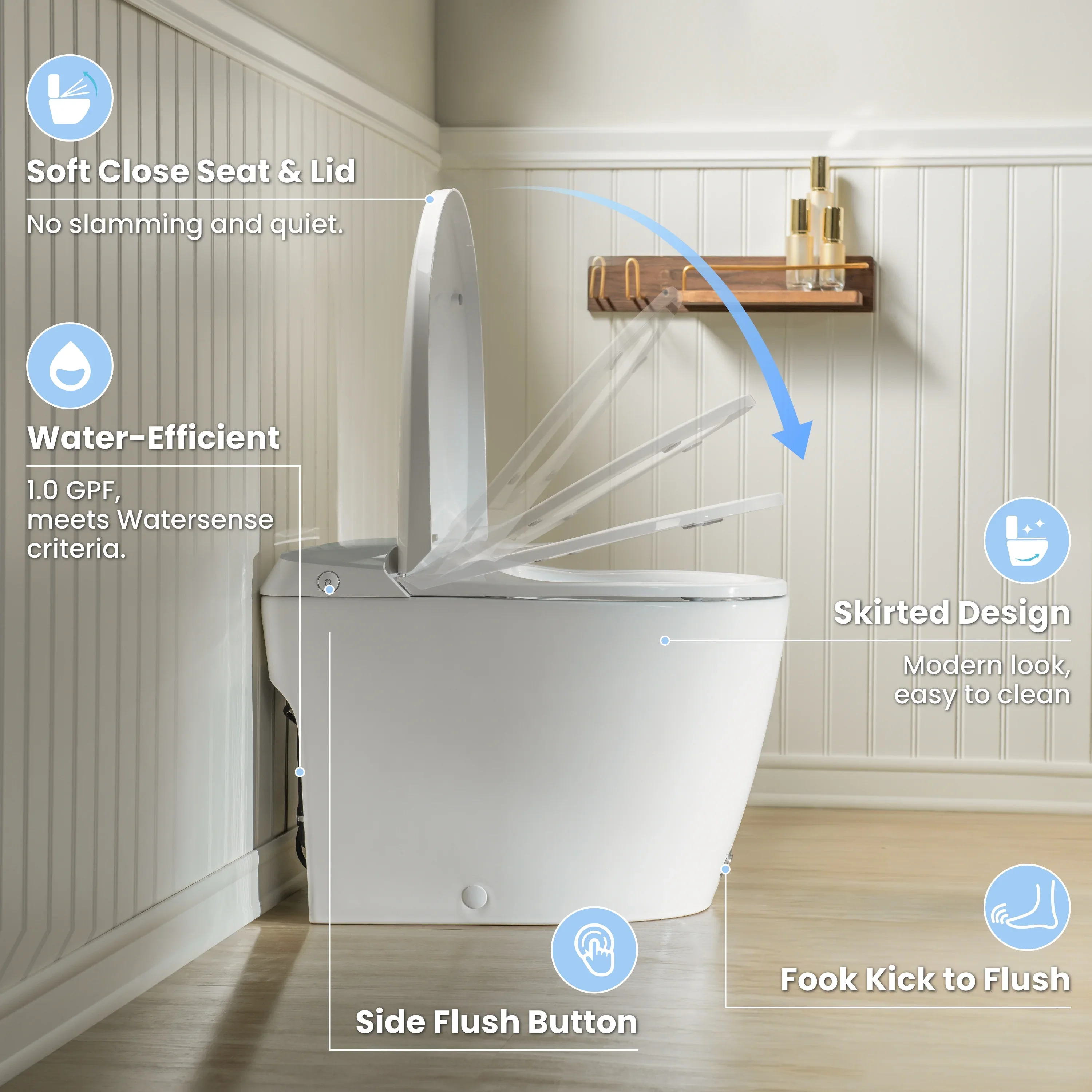 Modern One-Piece Toilet with Silver Decorative Cover, Hands-Free Foot Kick & Button Flush, 1.0 GPF WaterSense, 1000g MaP Pressure-Assisted Flush, Soft Close Seat--A00W1-SI - Image 3
