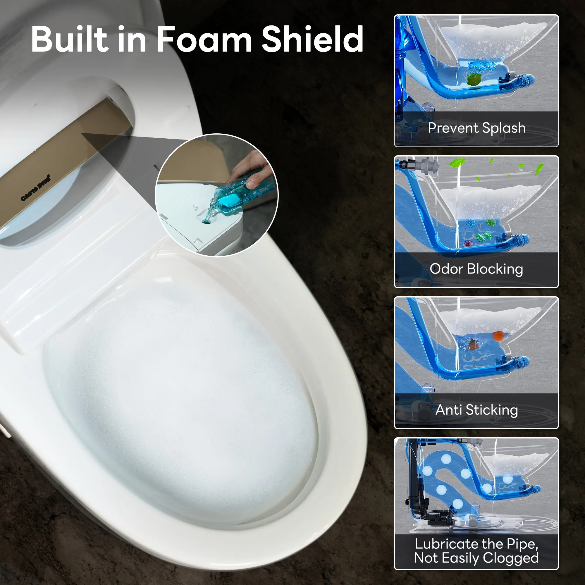 Smart Toilet with Bidet, Foam Shield, 4-Season Temperature, ADA Height, 1.0 Gallons Auto Flush, Heated Seat, Warm Water & Air Drying, Remote Control, Auto Deodorization, Blackout Flush, Night Light A200T-SG - Image 3