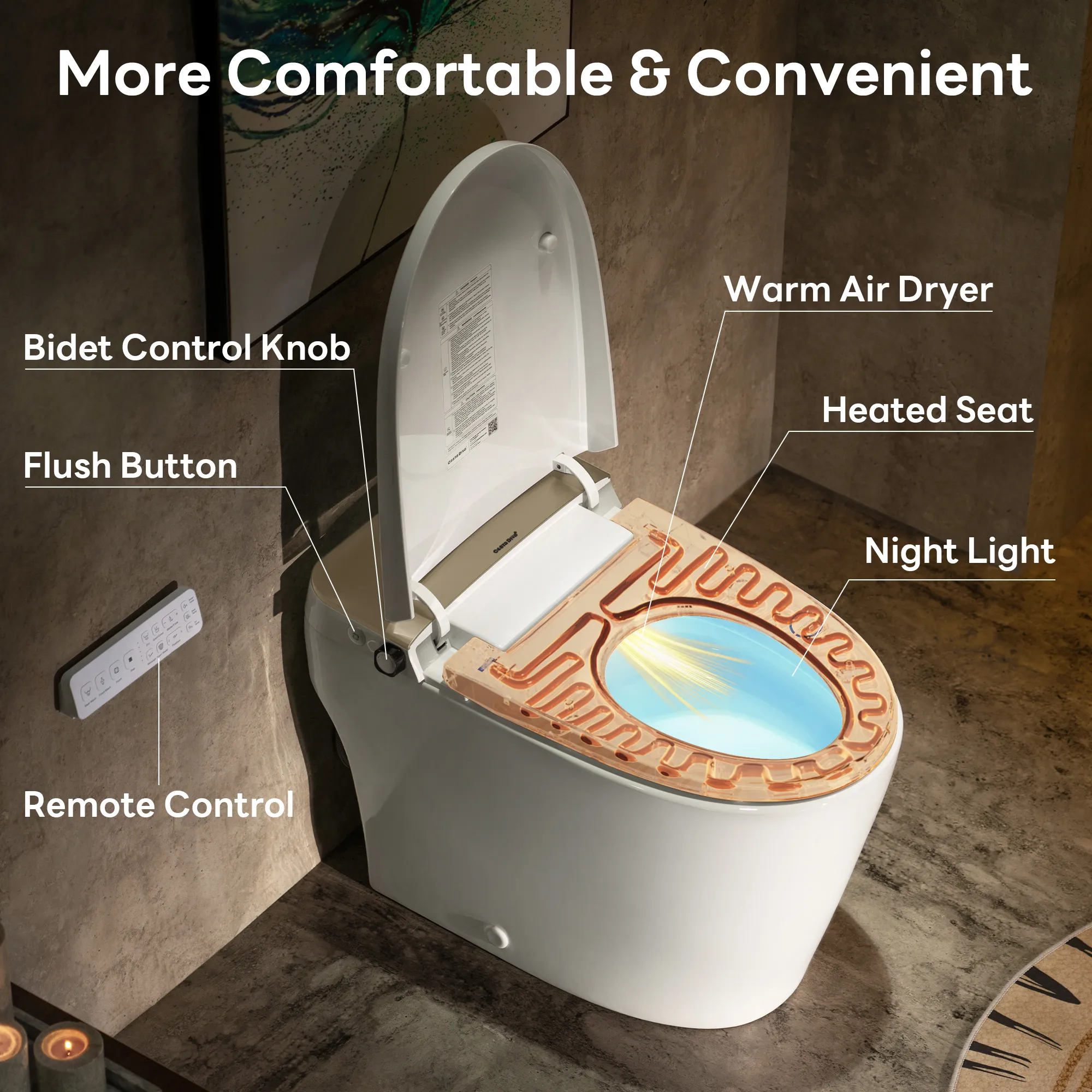 Smart Toilet with Bidet, Foam Shield, 4-Season Temperature, ADA Height, 1.0 Gallons Auto Flush, Heated Seat, Warm Water & Air Drying, Remote Control, Auto Deodorization, Blackout Flush, Night Light A200T-SG - Image 6